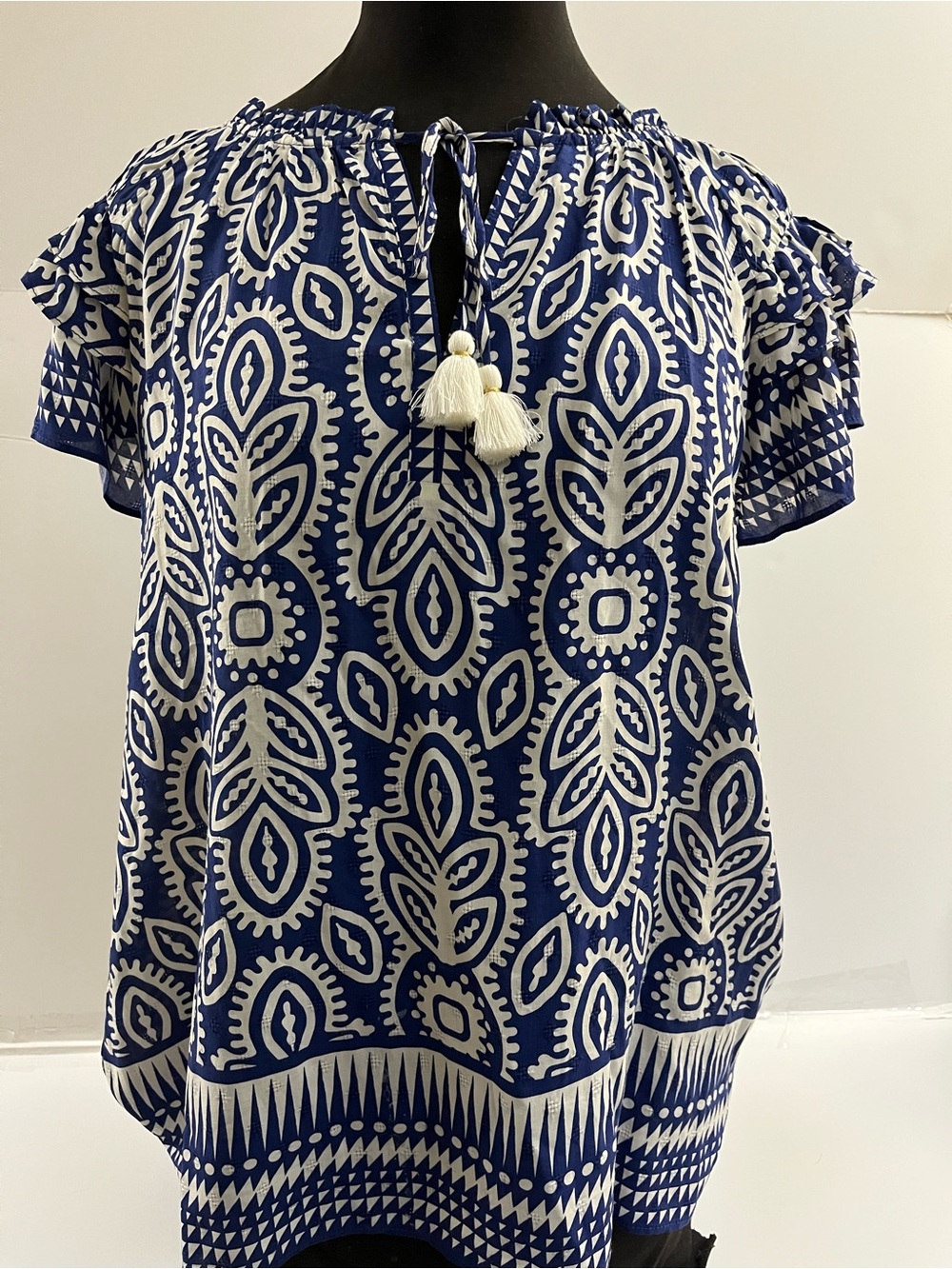 Blue and White Tassel Tie Women's Top Rose and Olive